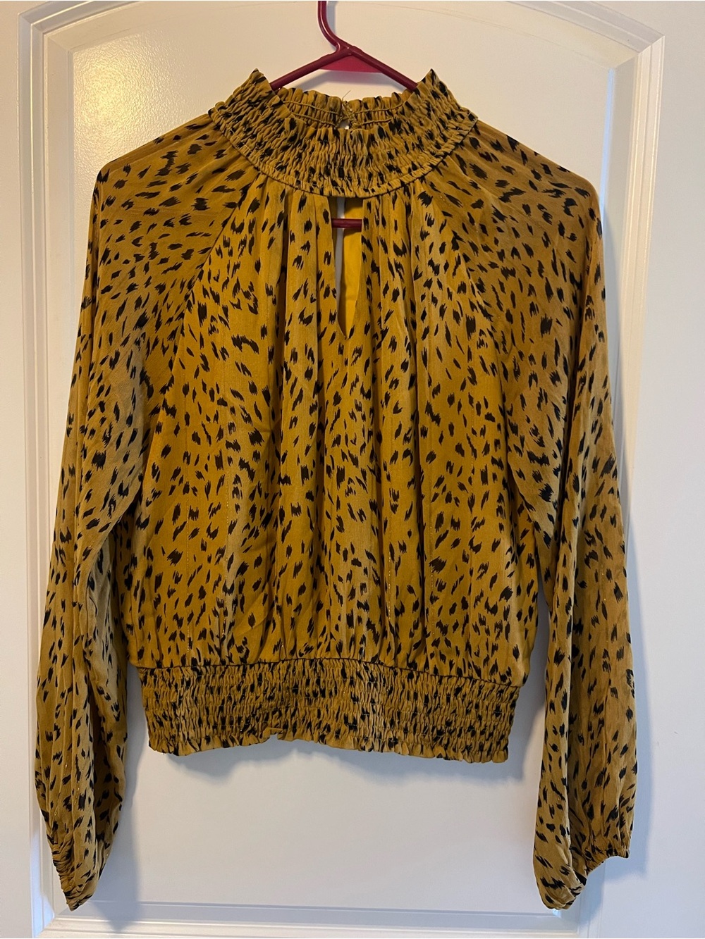 Lush Mustard Yellow and Black Animal Print Smocked-Neck Blouse